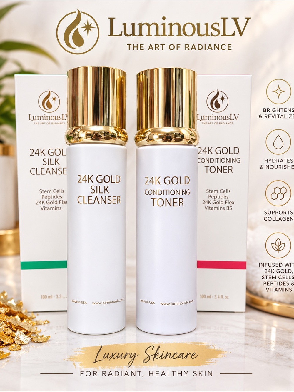 LuminousLV 24K Gold Silk Cleanser + Conditioning Toner Set – NIB